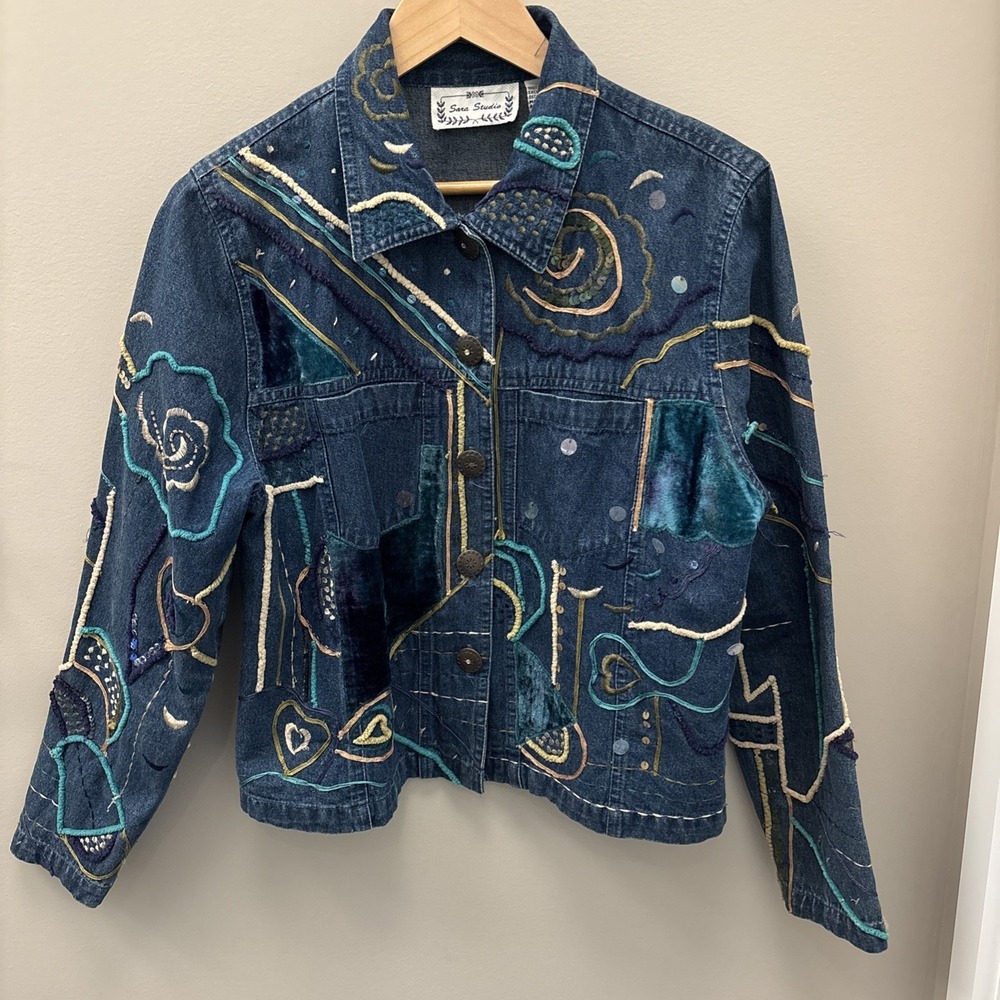 Sara Studio 1990 Women Trucker Jacket Y2K Denim Velvet Embroidered Sequin L